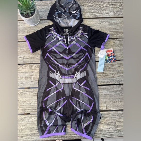 Kids Black Panther One Piece Pajamas- Black and Purple, Sz 8-10 years - Picture 1 of 4